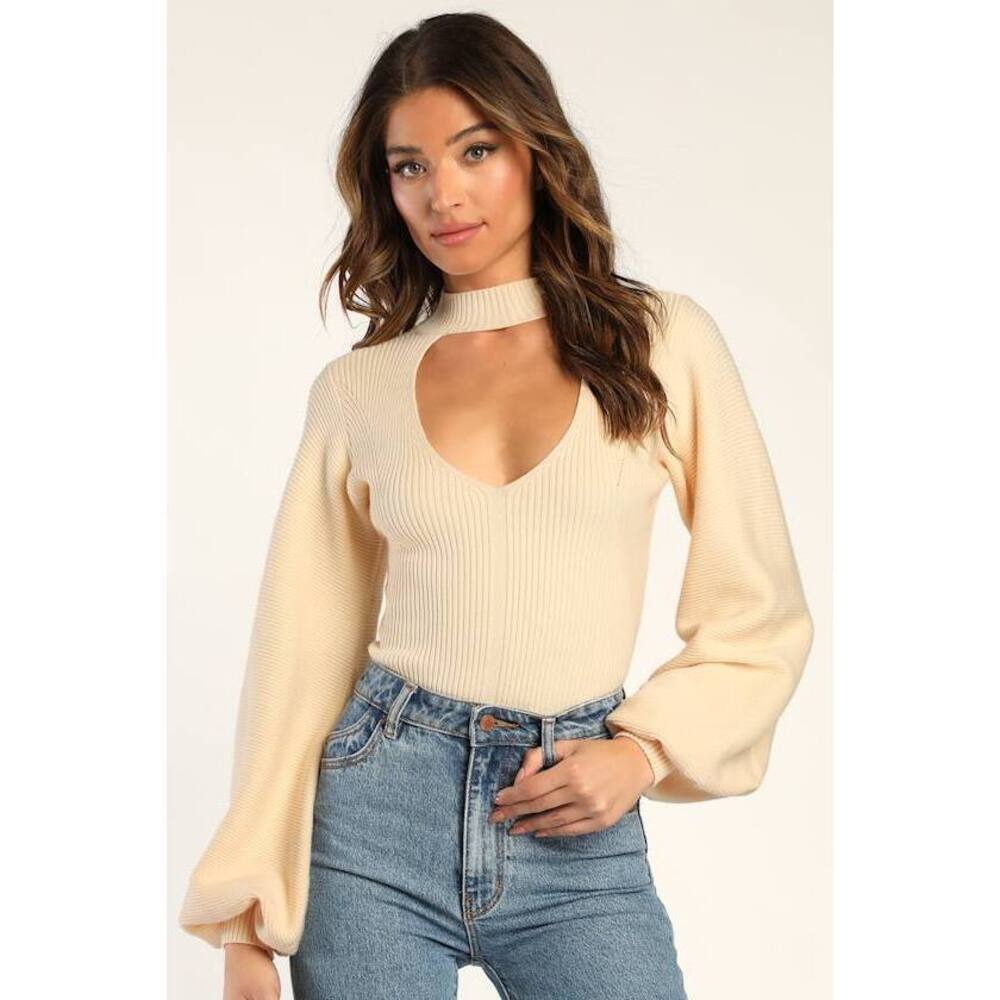 NWT Lulus Seasonal Elegance Cream Ribbed Balloon Sleeve Bodysuit White - Size M